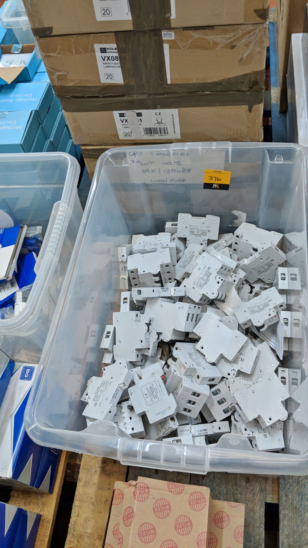 Contents of a crate consisting of a large quantity of Wylex MCB and other fuse switches - crate