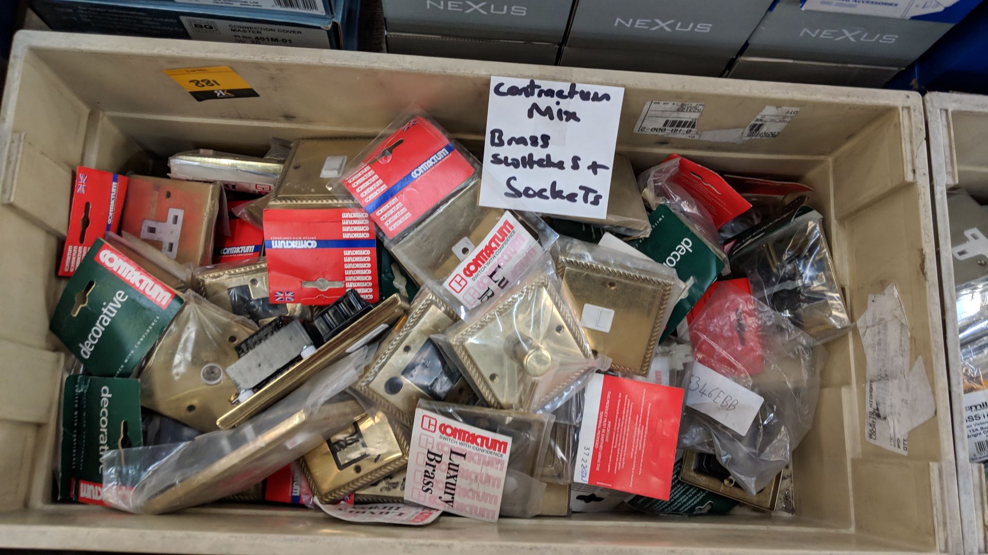 Contents of a crate of assorted Contactum brass switches and sockets - crate excluded The vast - Image 2 of 3