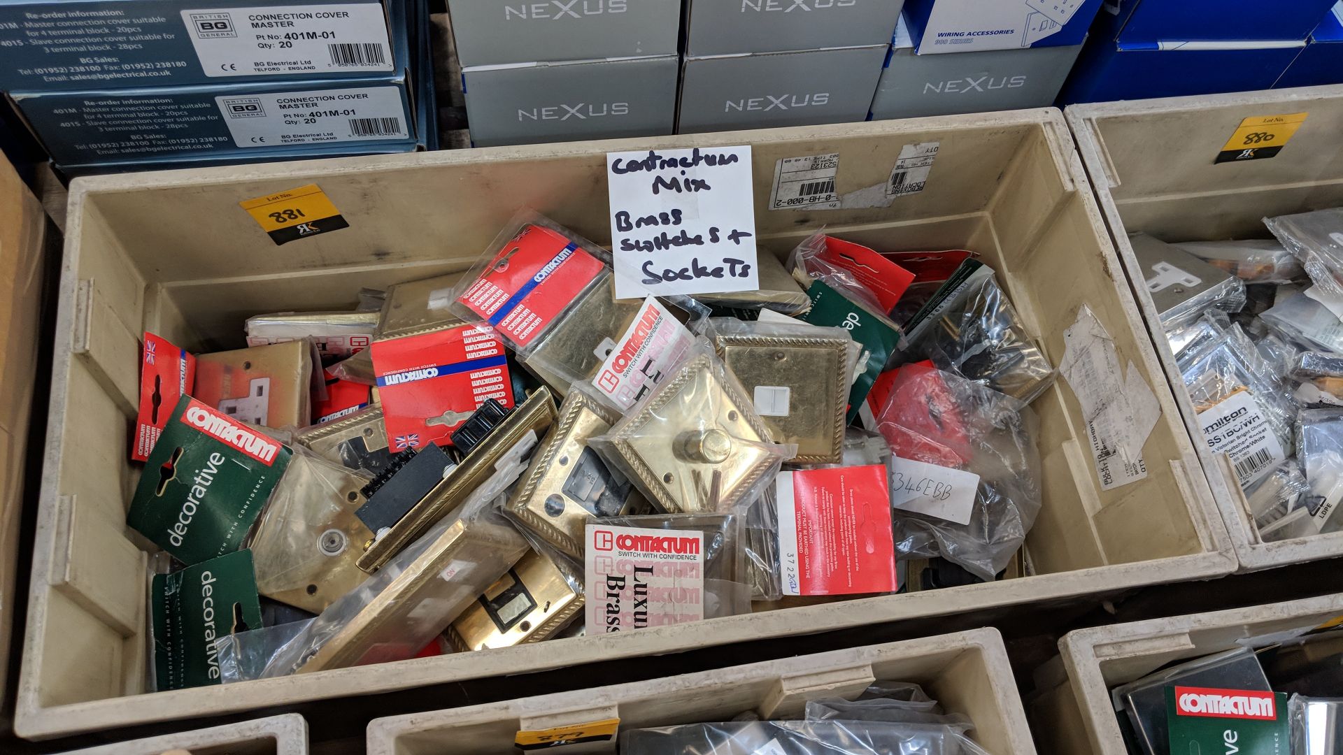 Contents of a crate of assorted Contactum brass switches and sockets - crate excluded The vast