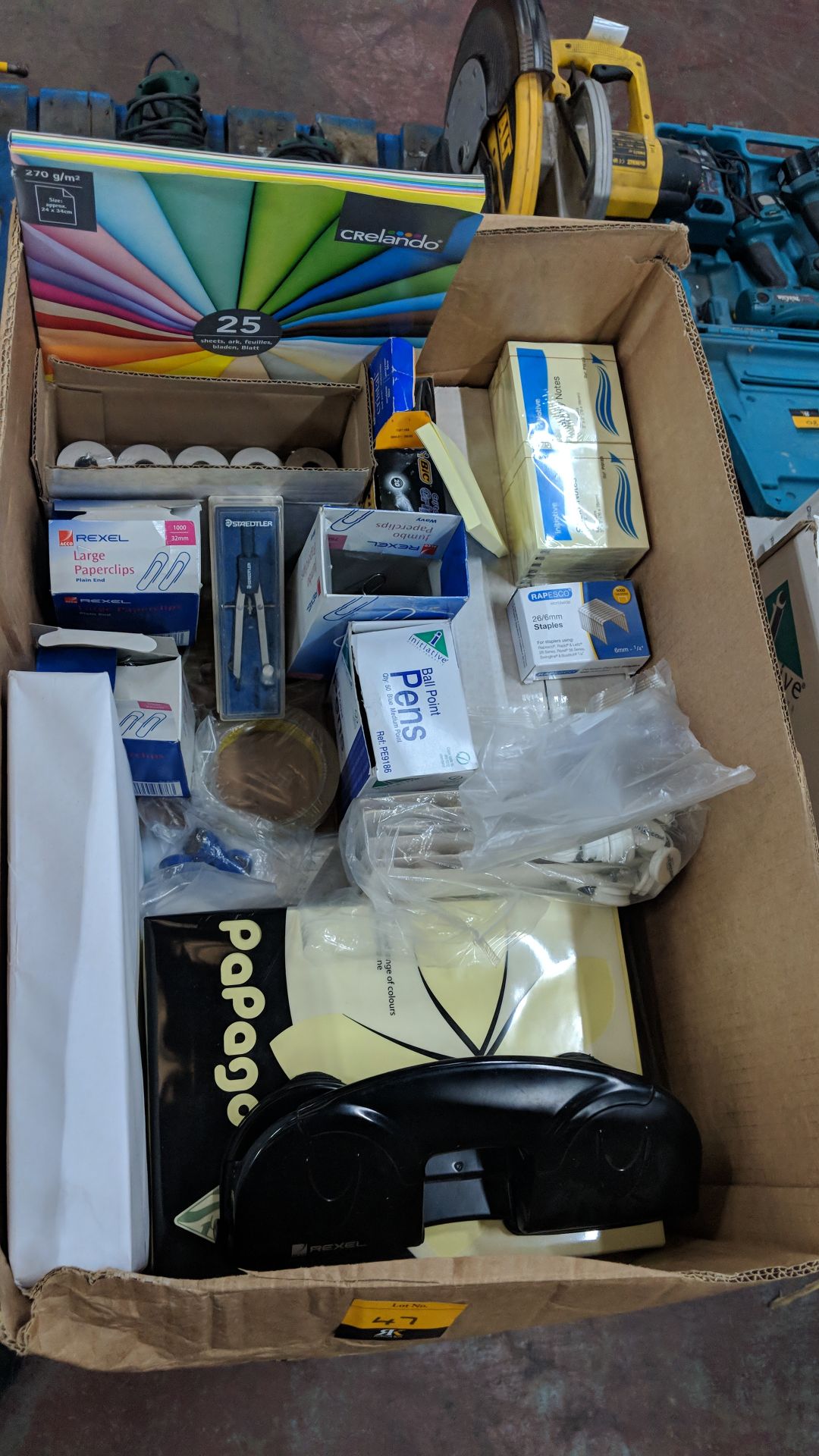 Box of assorted stationery items including Post It Notes, till roll, paper, paper clips, pens etc. - Image 3 of 5