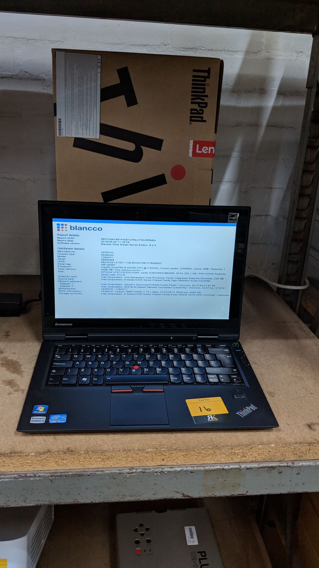 Lenovo ThinkPad X1 notebook computer, model 1294AY1 with built-in webcam. Intel Core i5-2520M CPU@ - Image 3 of 7