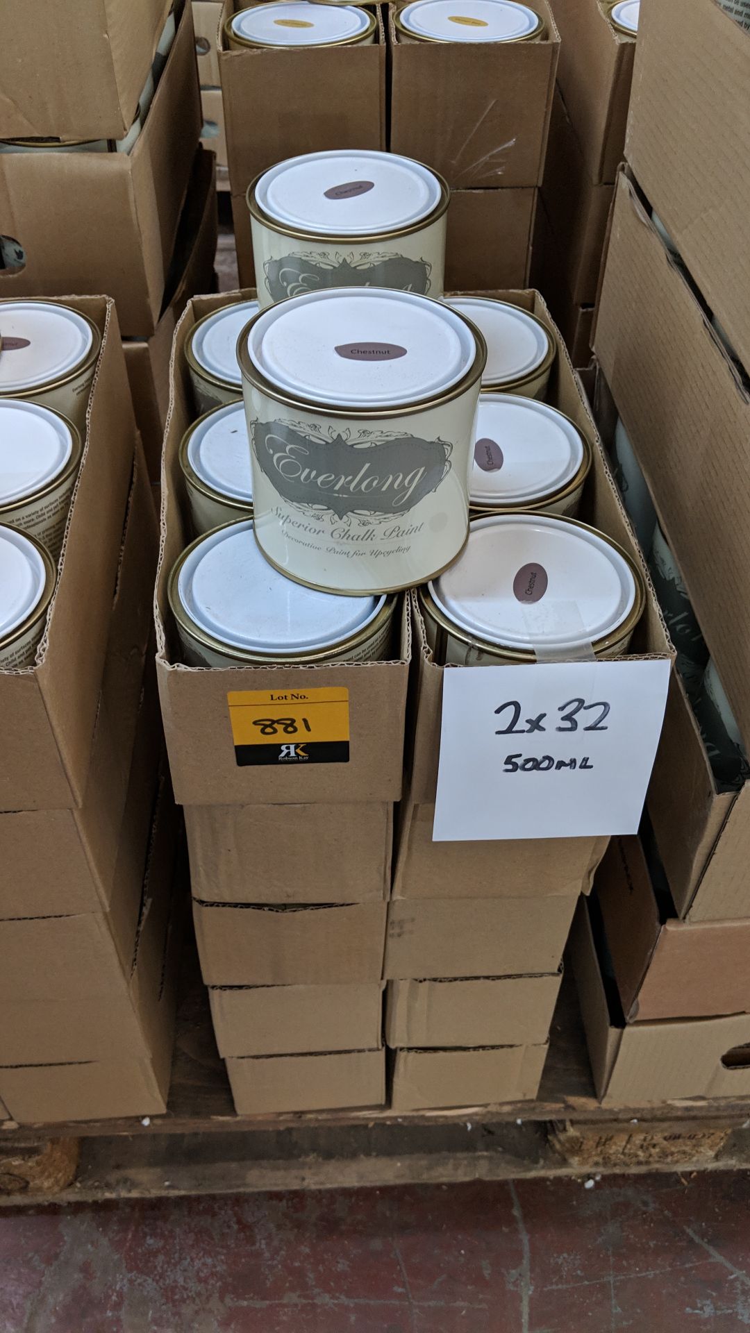 32 off 500ml tins of Everlong branded superior chalk paint - colour Chestnut This lot is one of a