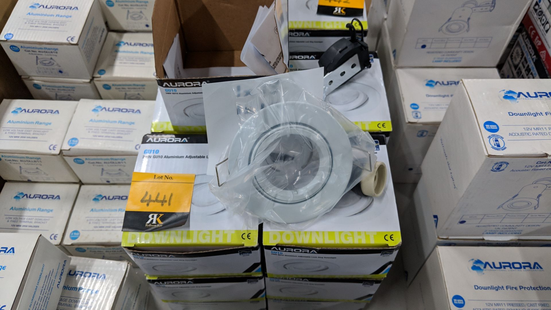 13 off Aurora GU10 240V aluminium adjustable lock ring downlights This lot is one of a number of