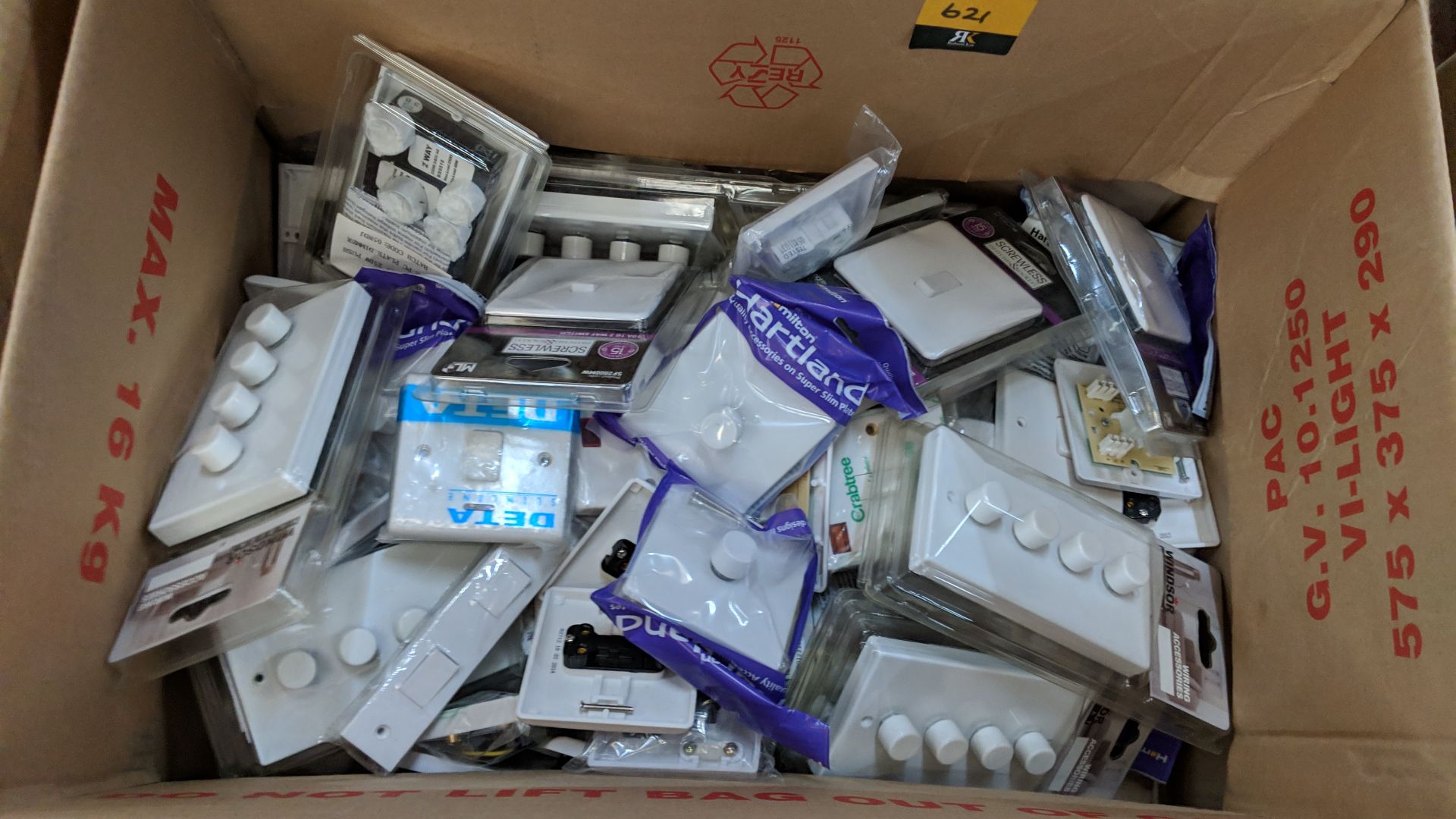 Box of assorted moulded white plastic dimmer & regular light switches & related items This lot is - Image 2 of 3