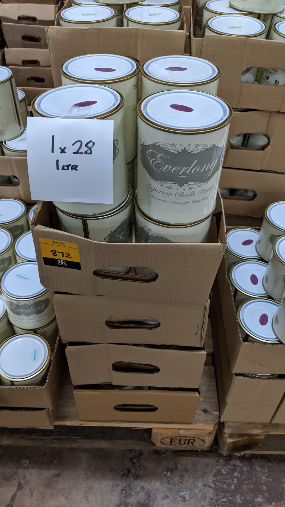 28 off 1 litre tins of Everlong branded superior chalk paint - colour Bordeaux This lot is one of