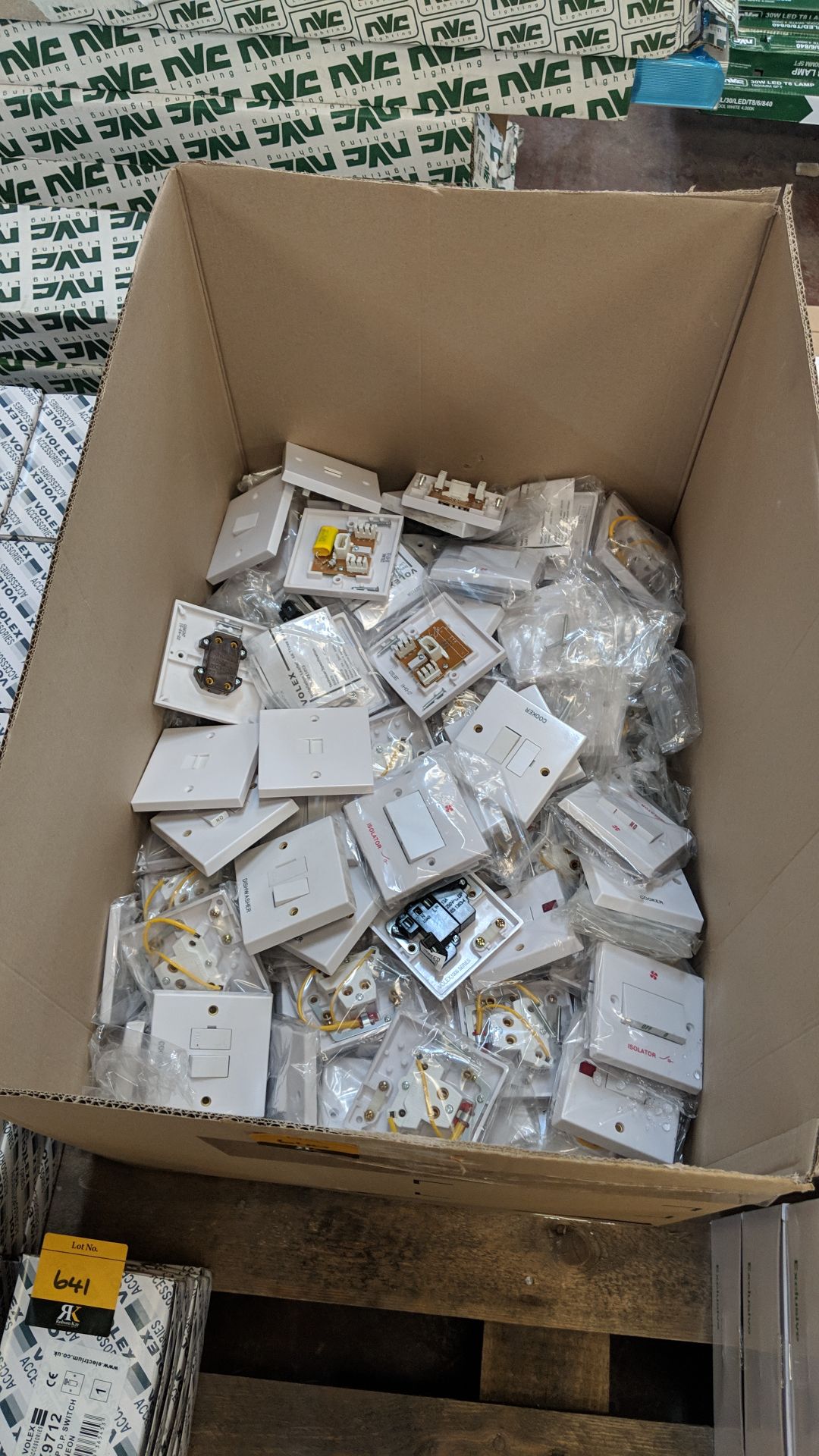 Box of assorted white moulded plastic switches & sockets This lot is one of a number of lots in this