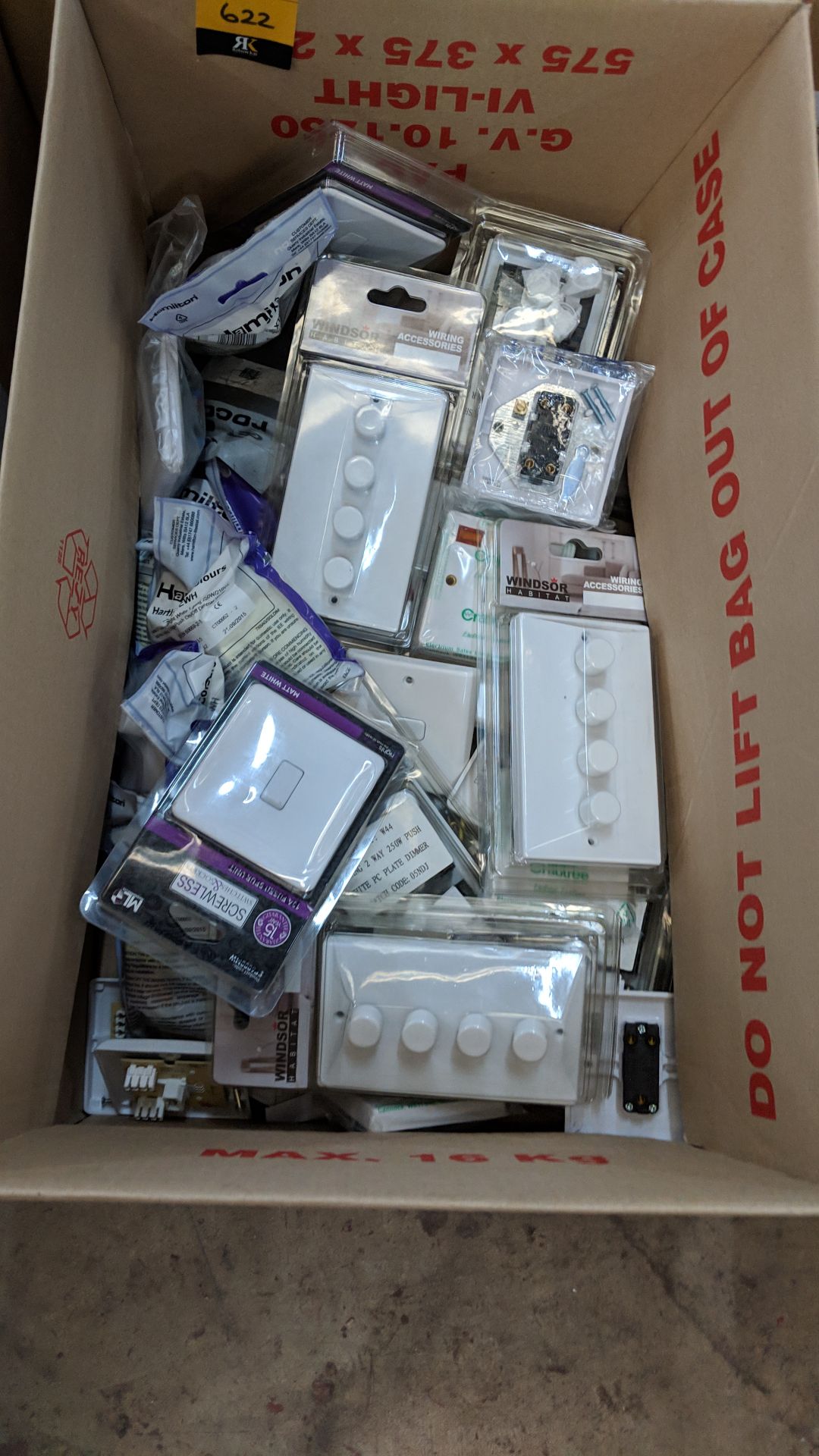 The contents of a box of assorted moulded white plastic dimmer & regular light switches & related - Image 2 of 3