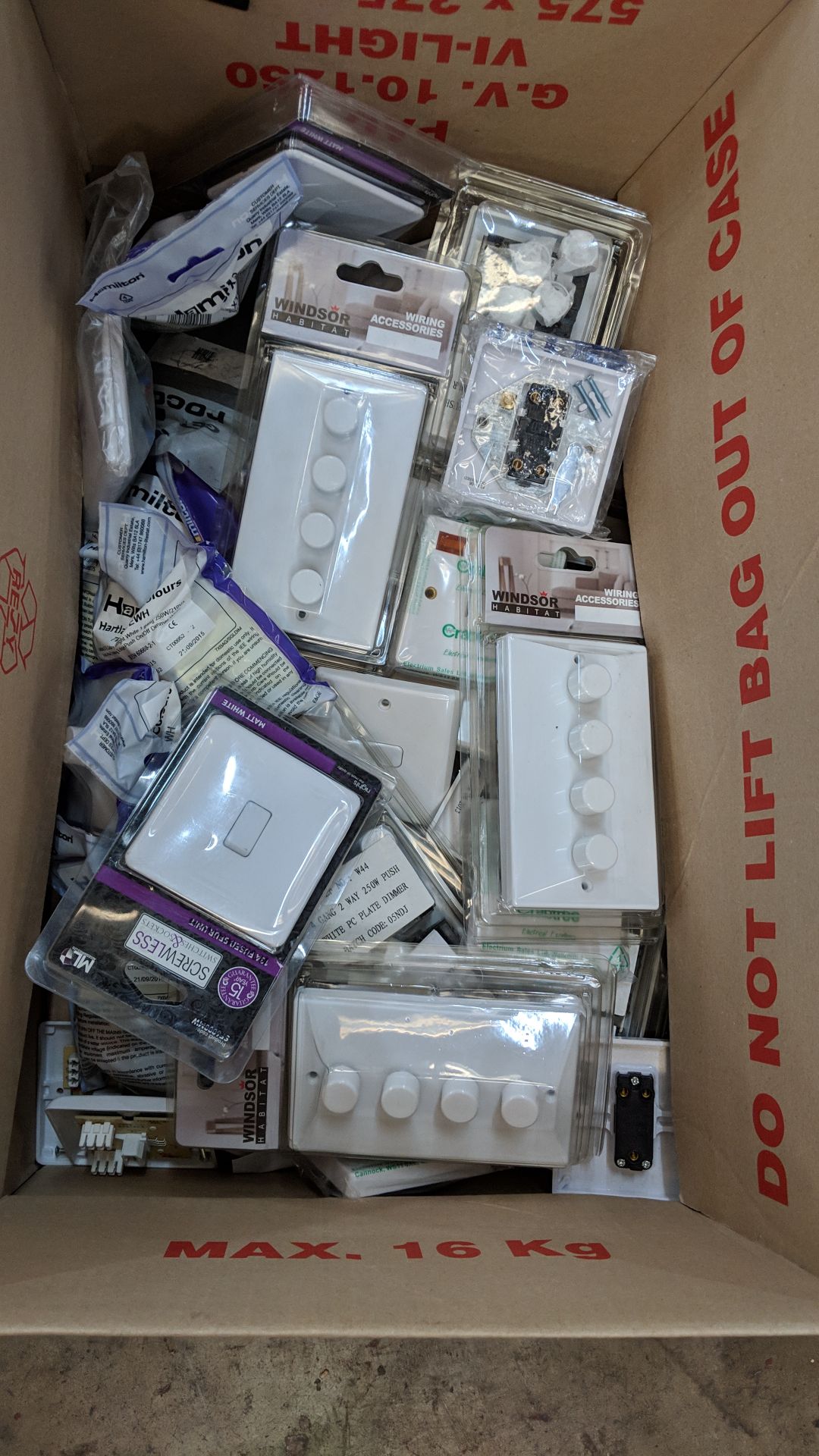 The contents of a box of assorted moulded white plastic dimmer & regular light switches & related - Image 3 of 3