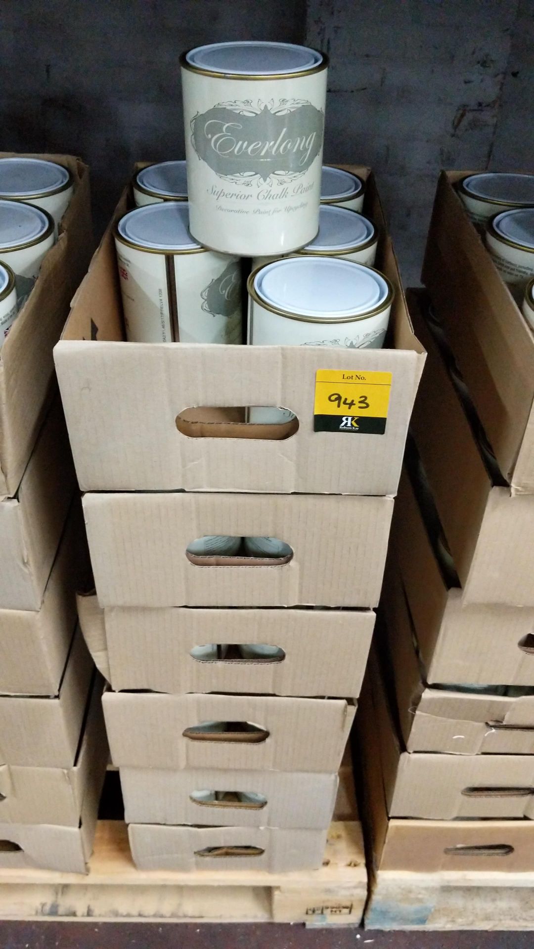 36 off 1 litre tins of Everlong branded superior chalk paint - colour Mandarin. NB the tins in