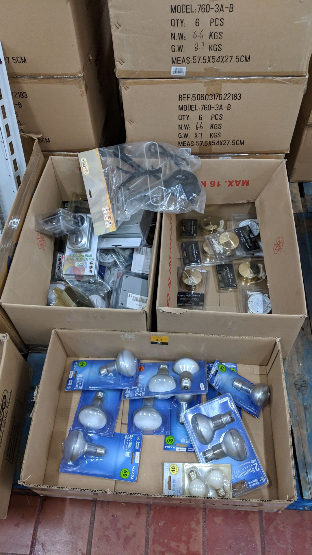 3 boxes of assorted lighting products comprising 1 box of bulbs, 1 box of light switches, timers &