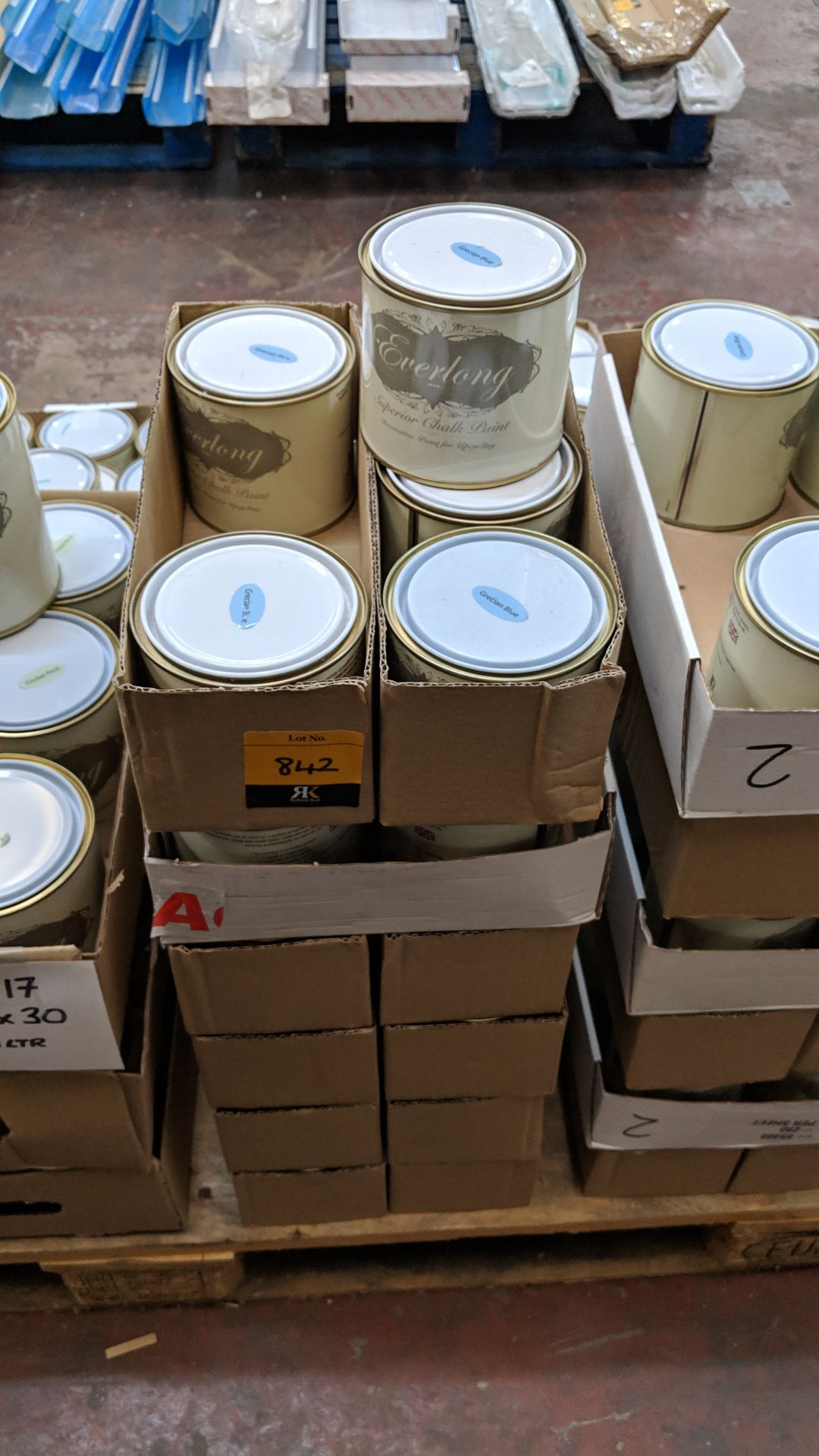 36 off 500ml tins of Everlong branded superior chalk paint - colour Grecian Blue This lot is one