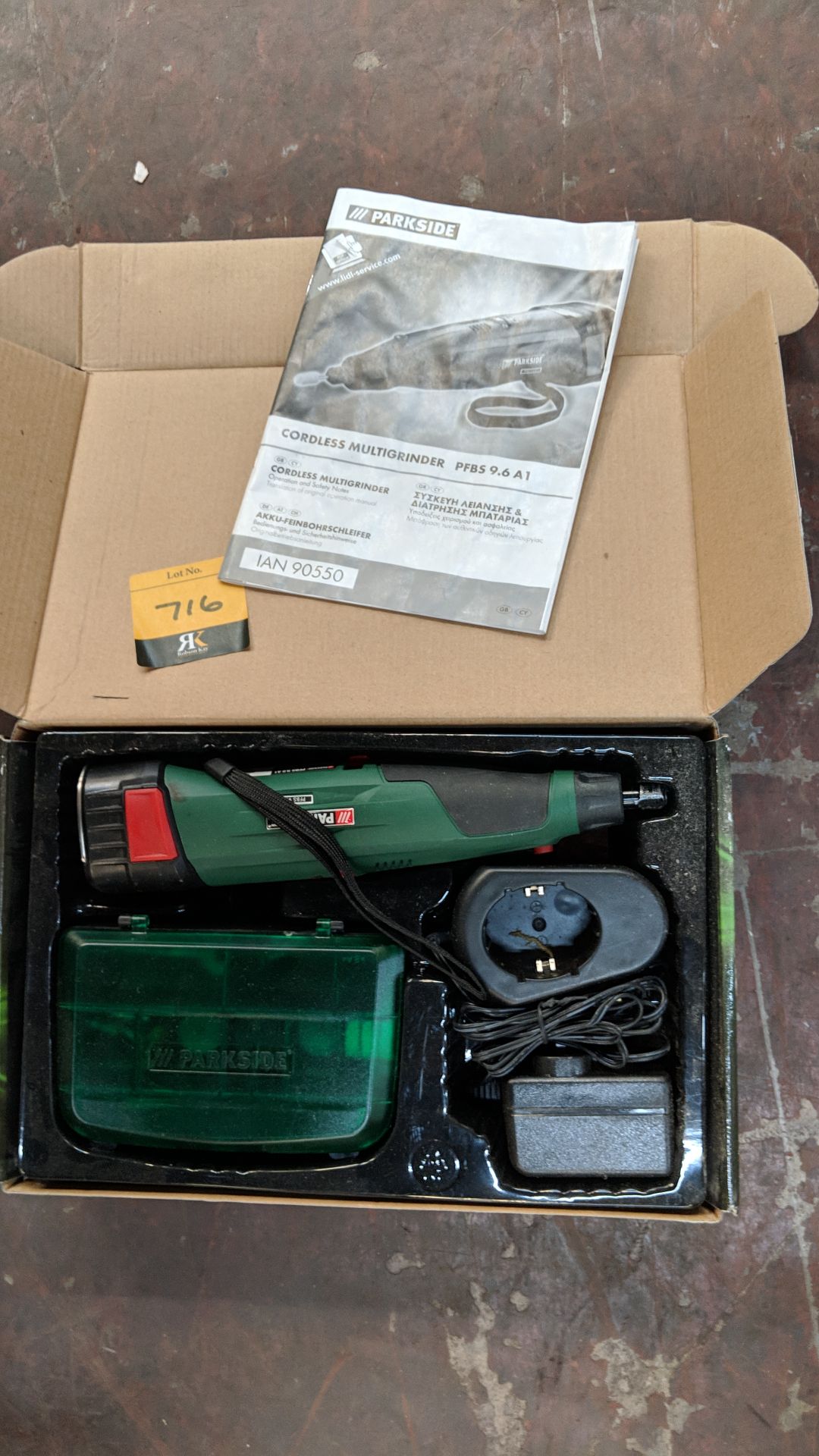 Parkside cordless multi grinder including battery, charger & case of heads IMPORTANT: Please