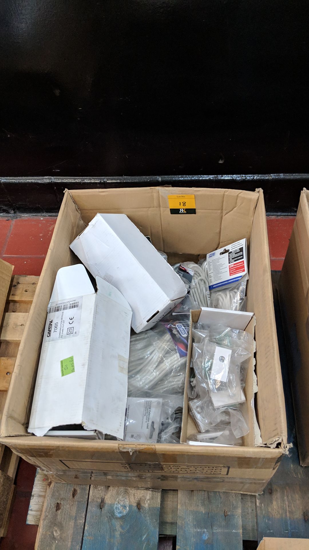 Box of assorted cable, architrave sockets & more This lot is one of a number of lots in this sale