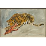 Sadji (Sha Qi, Sha Yinnian) (1914-2005), A tiger eating, watercolour on paper