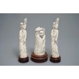 Three Chinese carved ivory figures of ladies and of an immortal, 2nd half 19th C.
