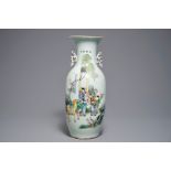 A Chinese famille rose vase with figures in a garden, 19/20th C.