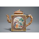 A rare Chinese famille rose rectangular 'Mandarin' teapot and cover, Qianlong