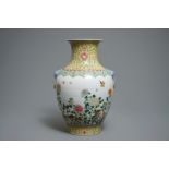 A Chinese famille rose hu vase with quails, Jiaqing mark, 19/20th C.