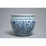 A Chinese blue and white fish bowl with bats and flowers, 19th C.