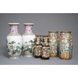 Three pairs of Chinese famille rose and verte vases, 19/20th C.