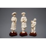 Three fine Chinese carved ivory figures on wooden bases, 2nd half 20th C.