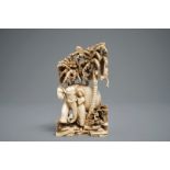 A Chinese carved ivory group of a lady with an elephant, 1st half 20th C.