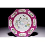 A Chinese famille rose octagonal ruby border plate with figures, Yongzheng