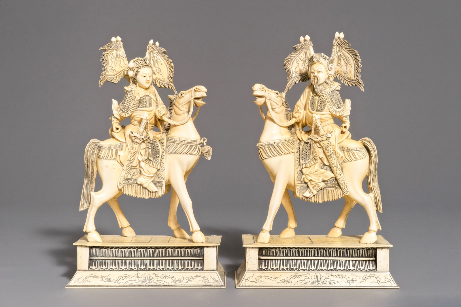 A pair of Chinese carved ivory horseriders, 19th C. - Image 2 of 9