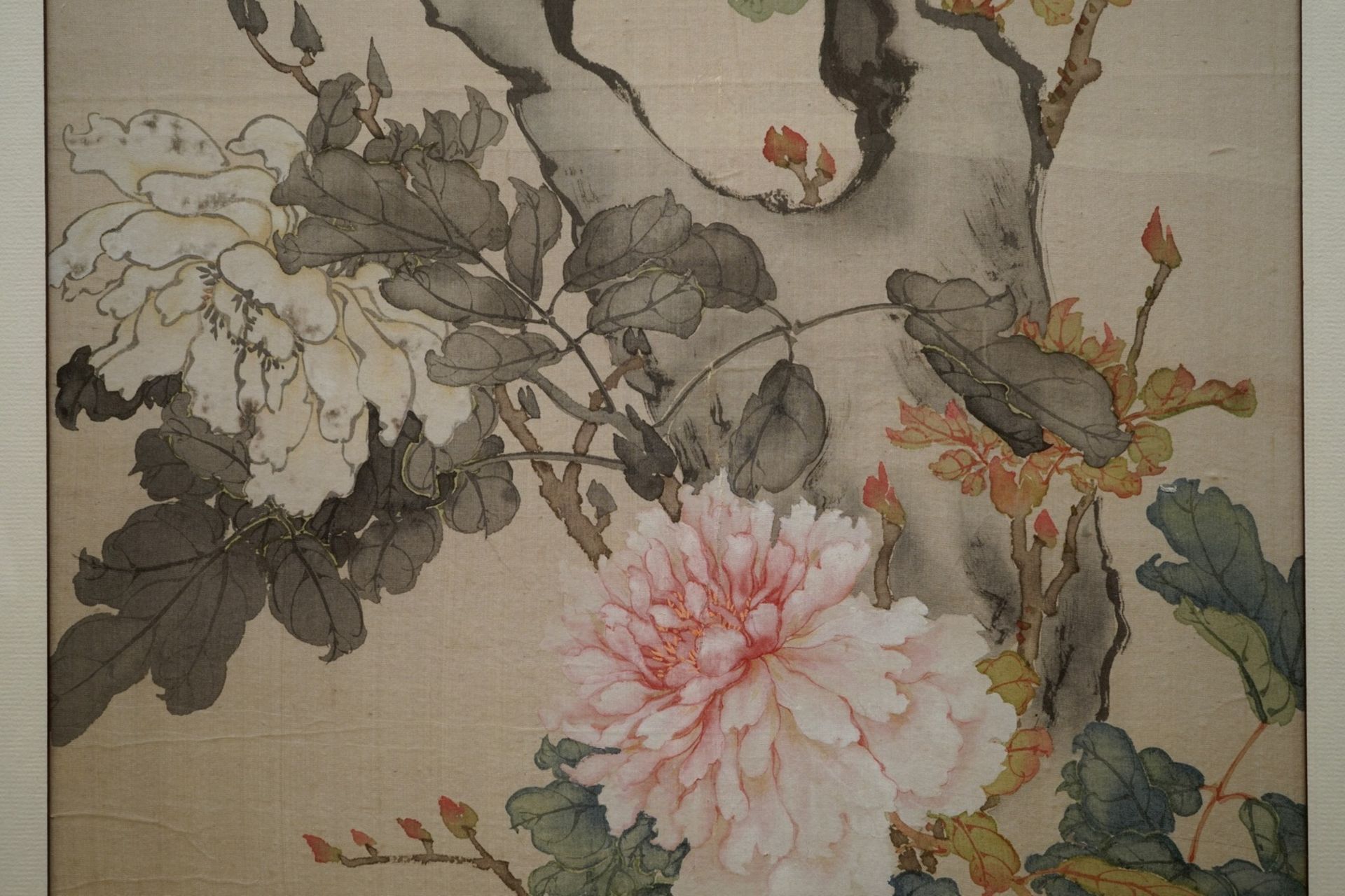 Ju Lian (1828-1904), Birds on a rock surrounded by peonies, ink and watercolour on silk - Image 3 of 4