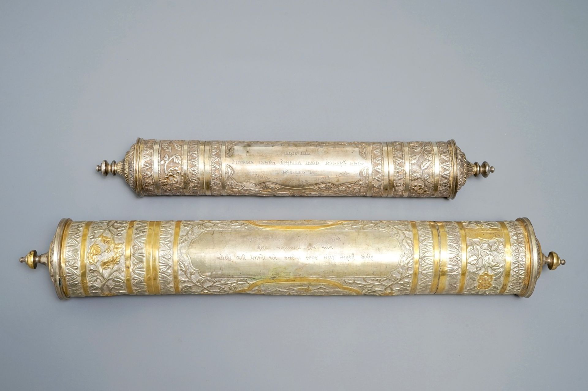 Two tubular parcel-gilt silver incense containers, Tibet or Nepal, 19th C. - Image 2 of 6