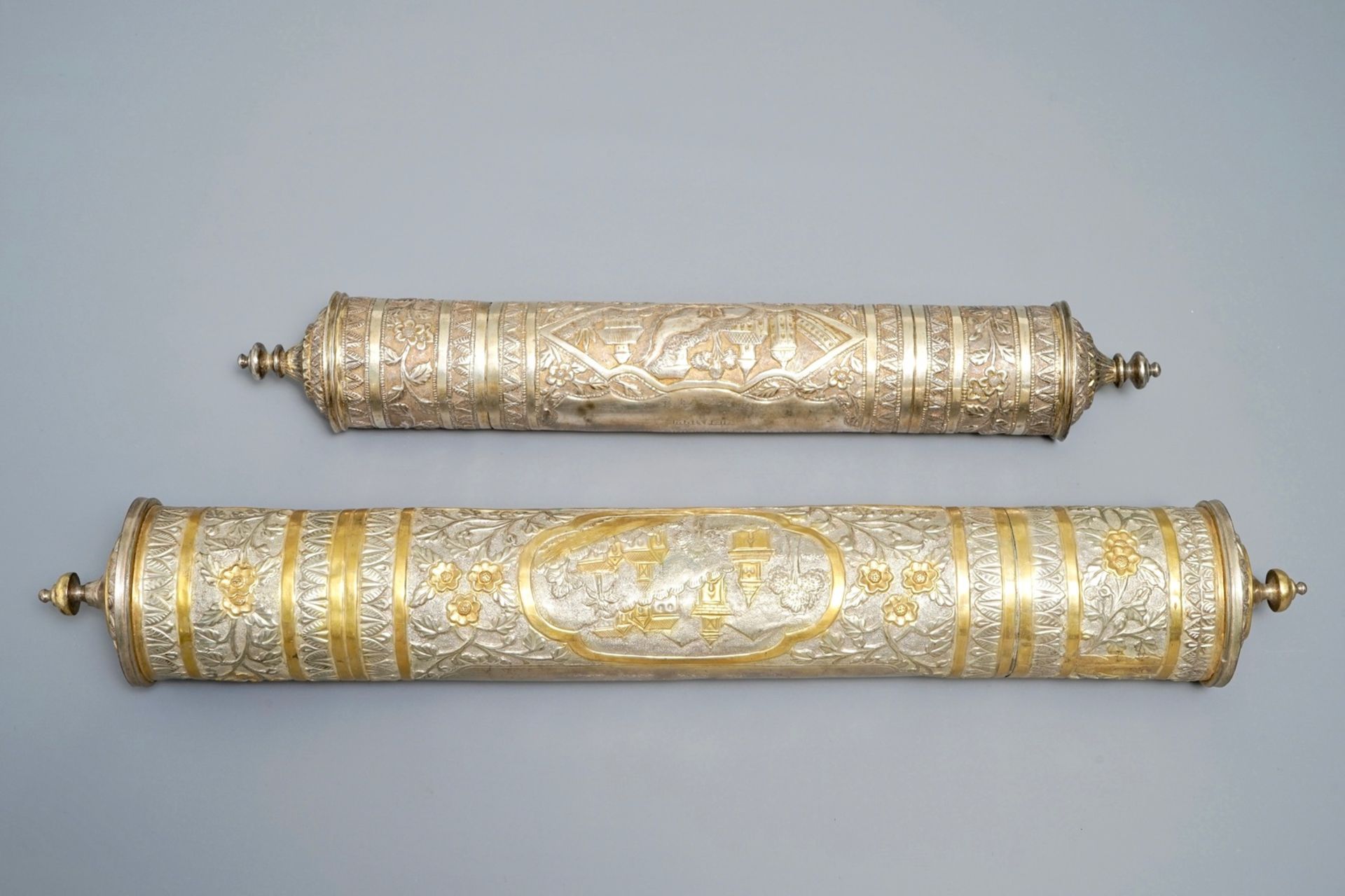 Two tubular parcel-gilt silver incense containers, Tibet or Nepal, 19th C. - Image 3 of 6