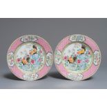 A pair of fine Chinese famille rose rooster plates, Yongzheng