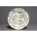 A fine Chinese famille rose dish with figures on a river, Yongzheng/Qianlong