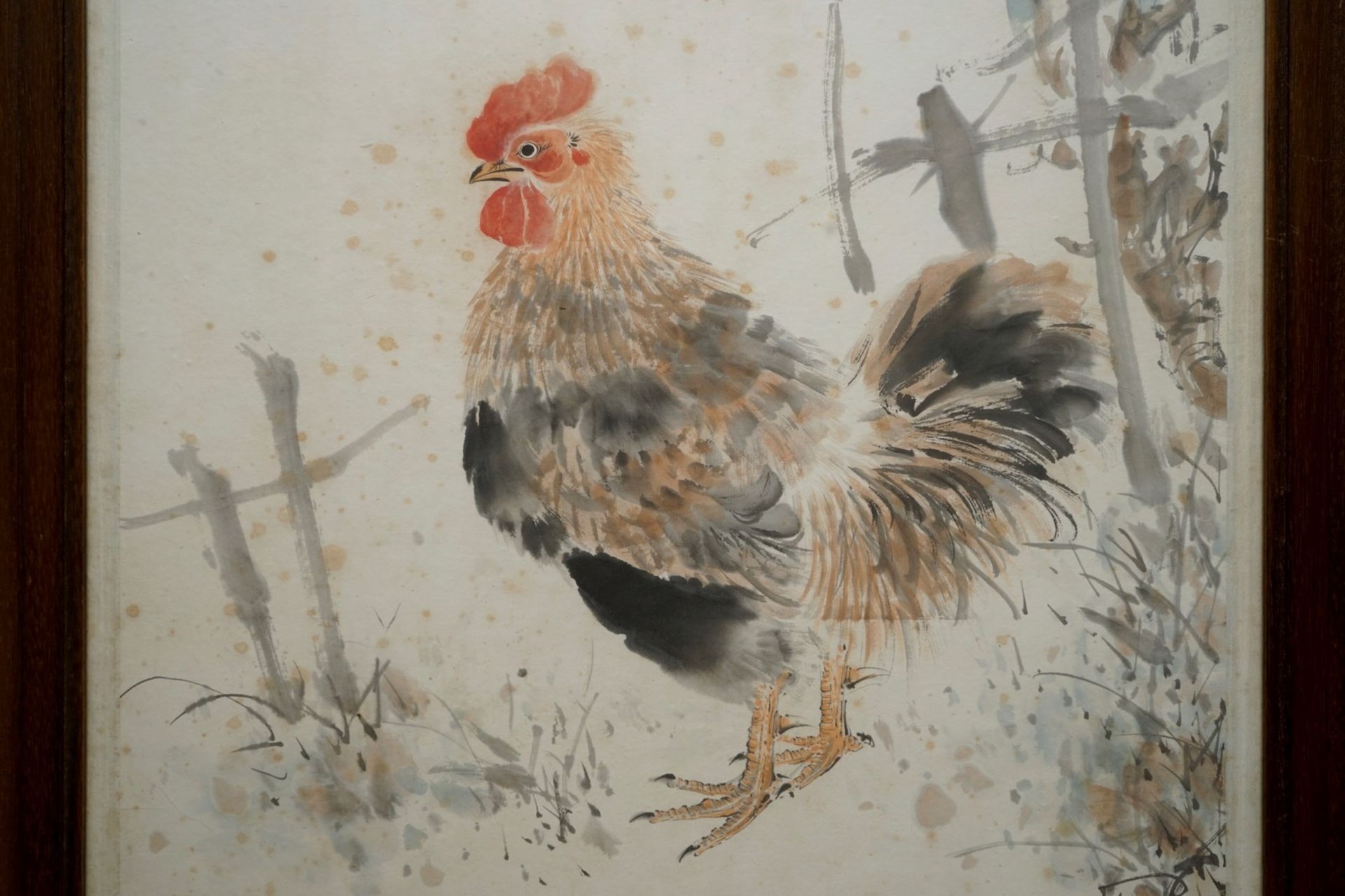 Yan Bolong (1898 -1954), A rooster in a flowery garden, watercolour on paper - Image 2 of 5