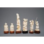 Six various Chinese carved ivory figures on wooden bases, 19/20th C.