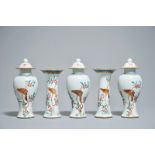 A Chinese famille rose five-piece garniture depicting birds among blossoms, Yongzheng/Qianlong