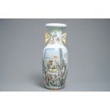 A Chinese famille rose two-sided design vase, 19/20th C.