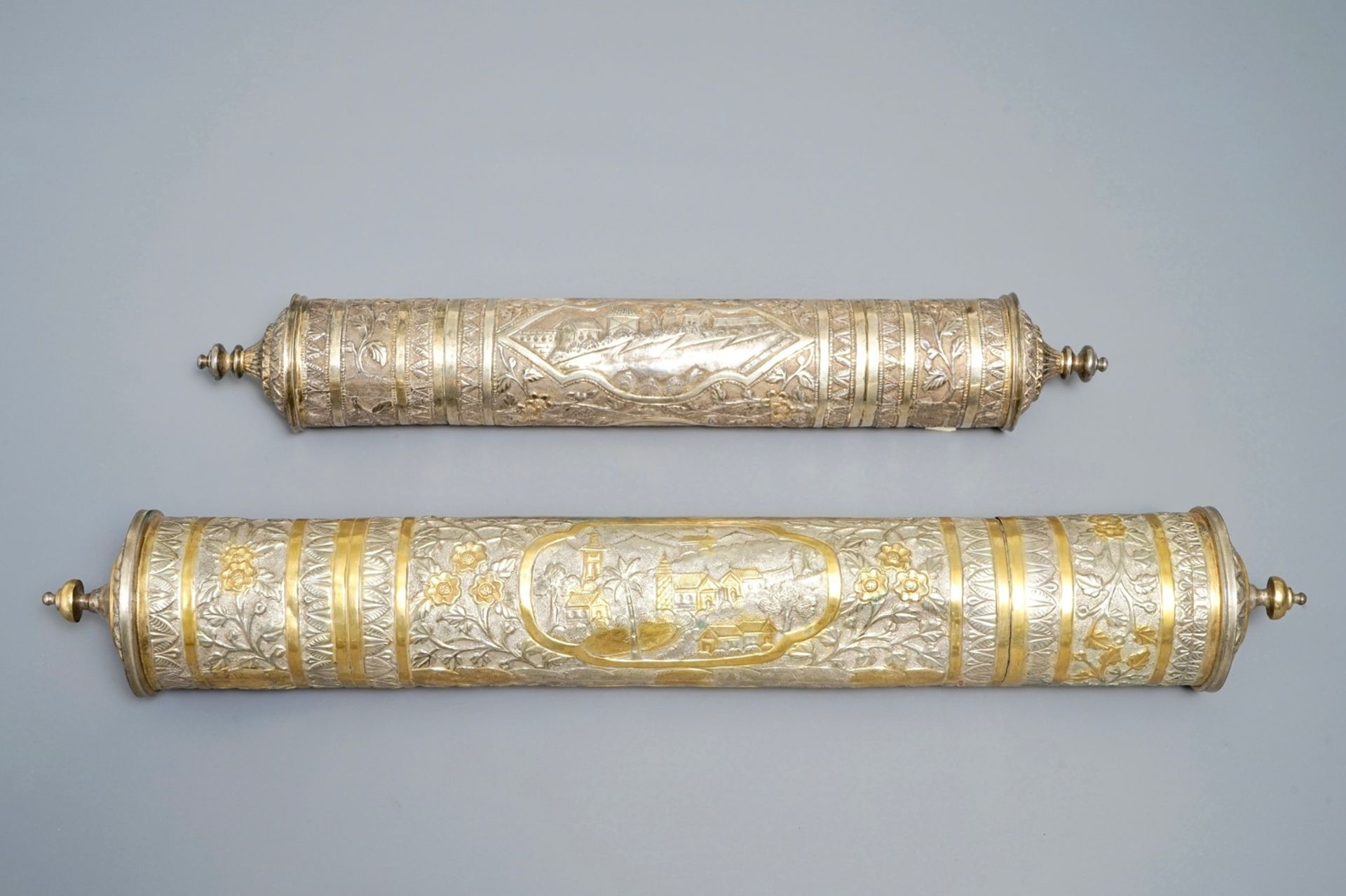 Two tubular parcel-gilt silver incense containers, Tibet or Nepal, 19th C. - Image 4 of 6