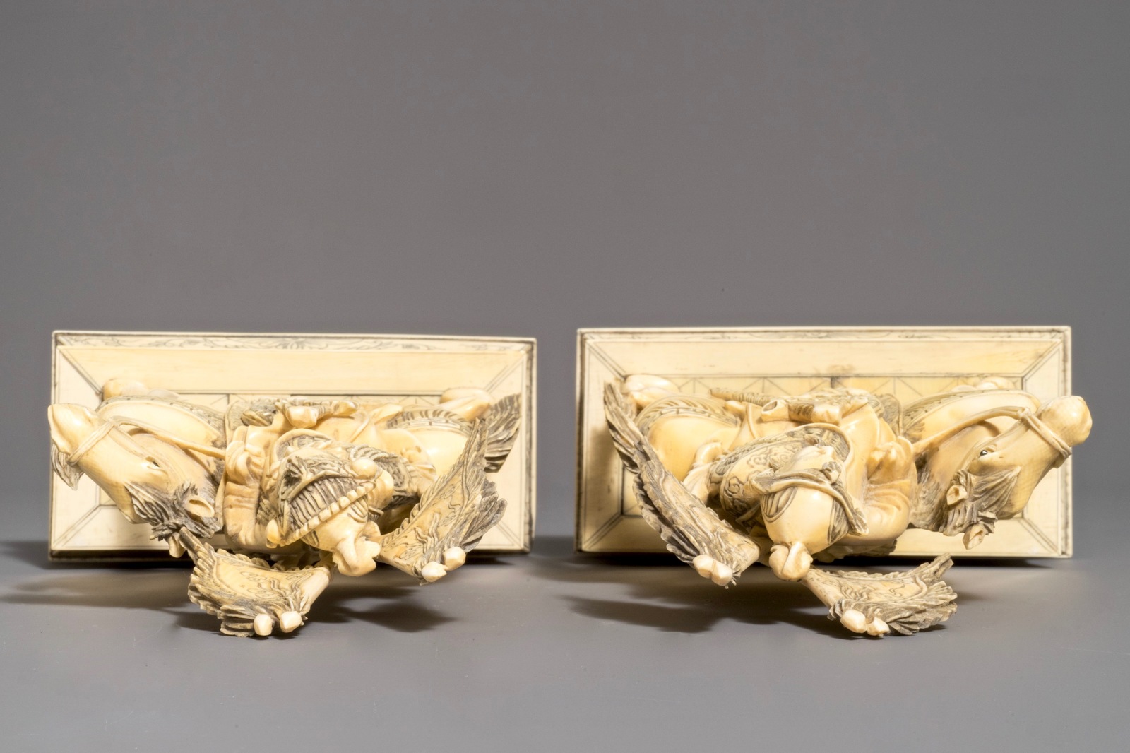 A pair of Chinese carved ivory horseriders, 19th C. - Image 7 of 9