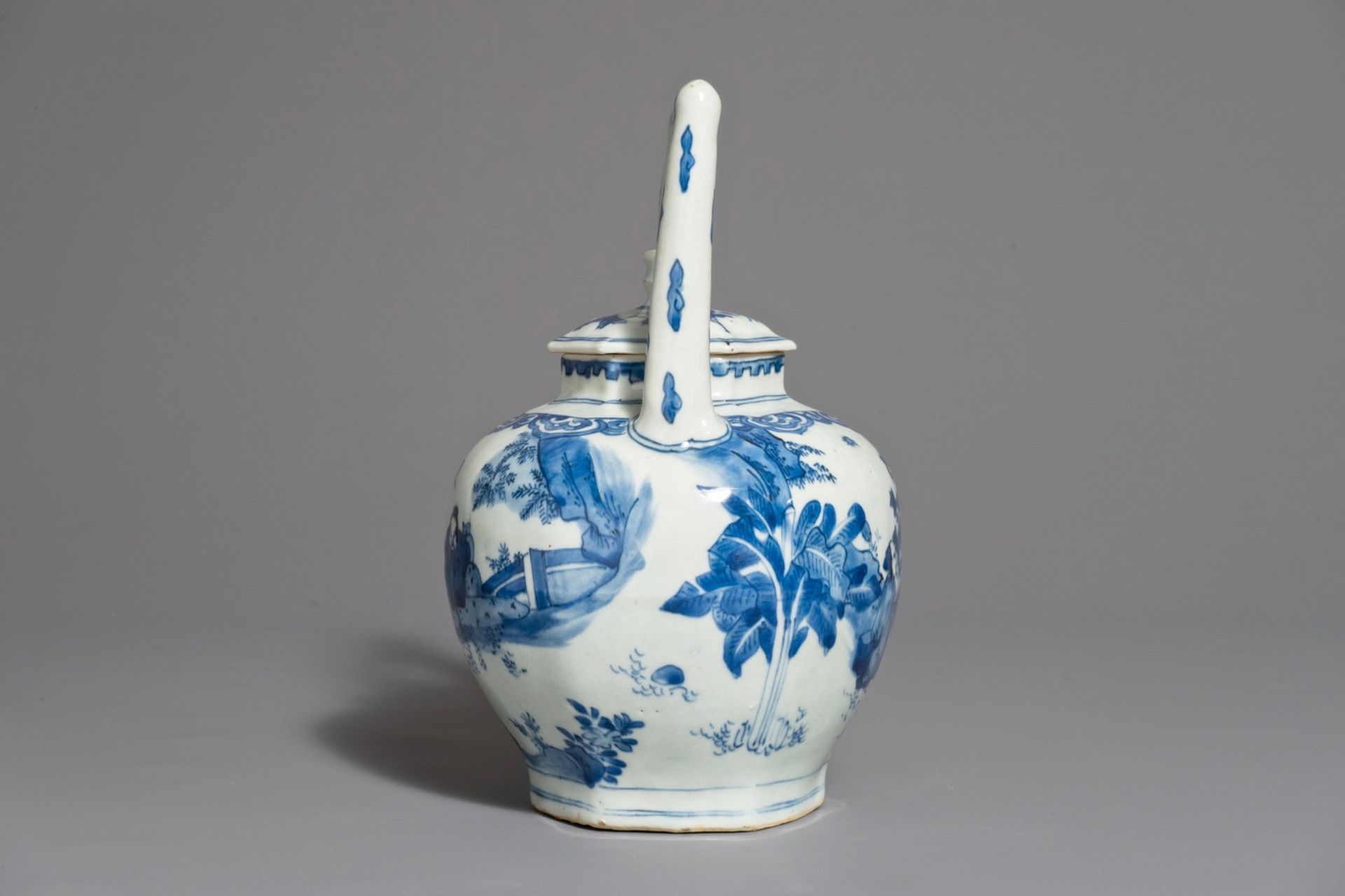 A Chinese blue and white wine jug and cover with silver-mounted spout, Transitional period - Image 2 of 7