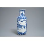 A Chinese blue and white rouleau vase with prunus on cracked ice, 19th C.