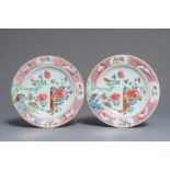 A pair of Chinese famille rose dishes with quails and flowers, Yongzheng/Qianlong