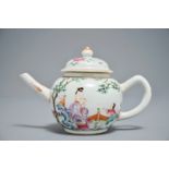 A Chinese famille rose teapot with a lady and a boy in a garden, Qianlong