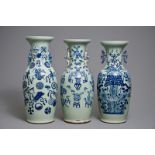 Three Chinese blue and white on celadon-ground vases, 19/20th C.