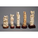 Five various Chinese carved ivory figures on wooden bases, 19/20th C.