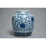 A Chinese blue and white lotus scroll jar, 19th C.