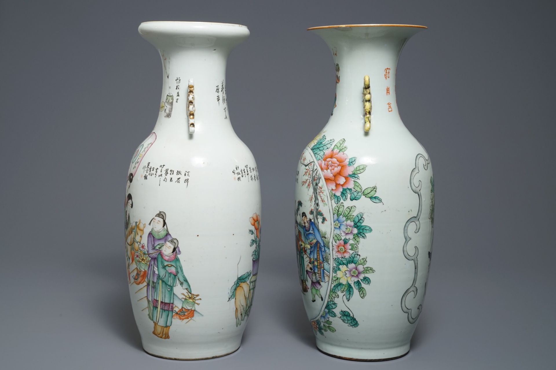 Two Chinese famille rose two-sided design vases, 19/20th C. - Image 4 of 6
