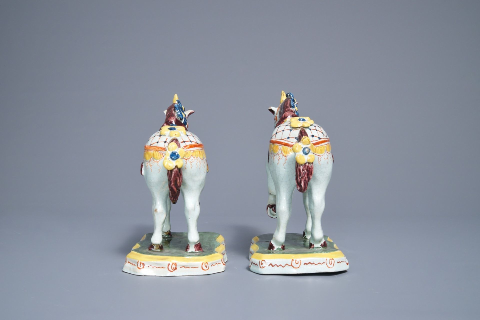 A pair of polychrome Dutch Delft models of circus horses, 19th C. - Image 3 of 6