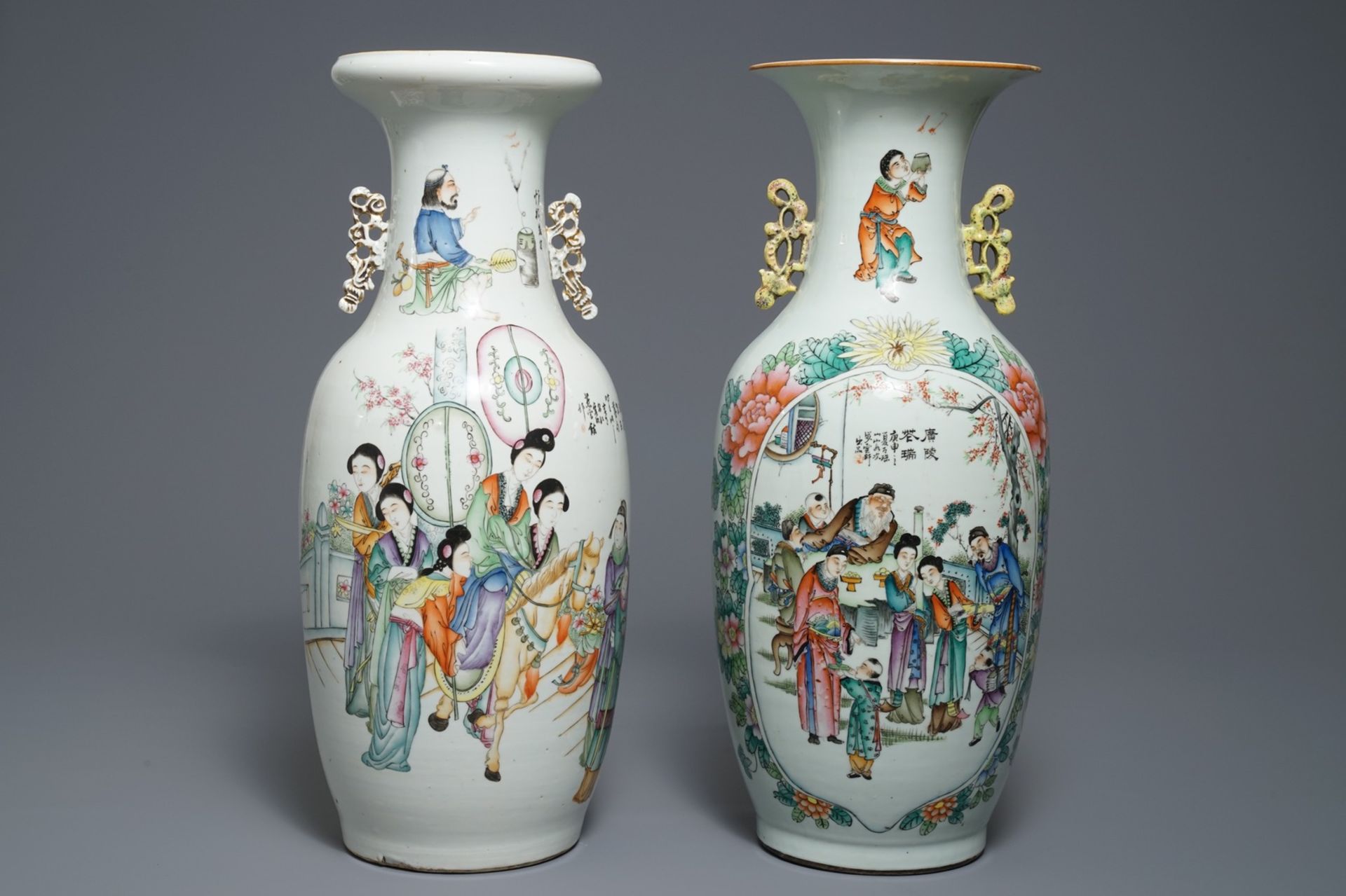 Two Chinese famille rose two-sided design vases, 19/20th C.