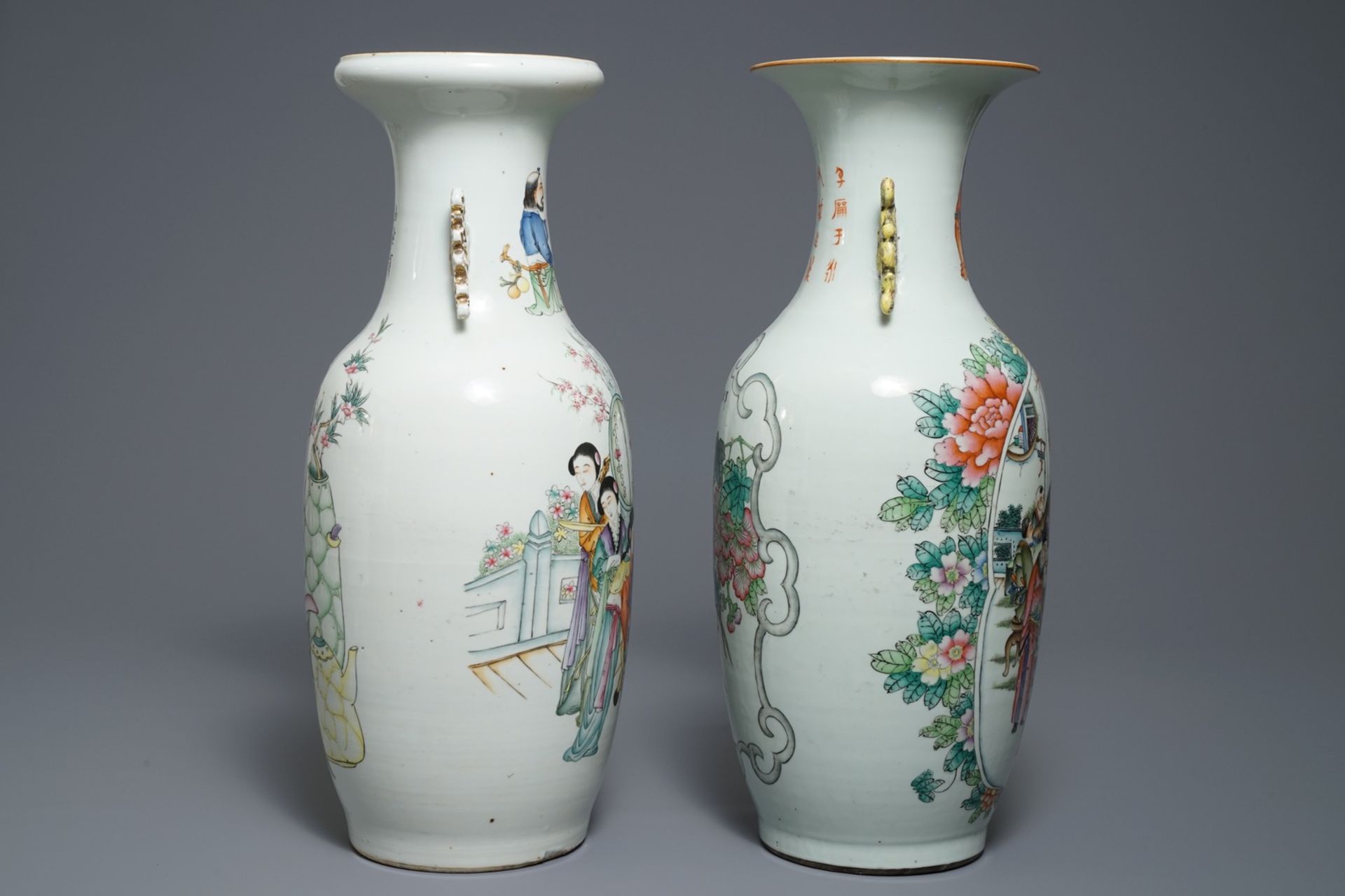 Two Chinese famille rose two-sided design vases, 19/20th C. - Image 3 of 6